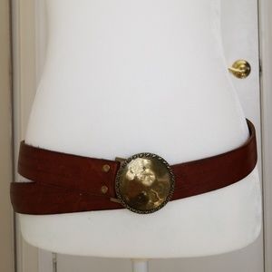 Brown leather belt brass buckle.